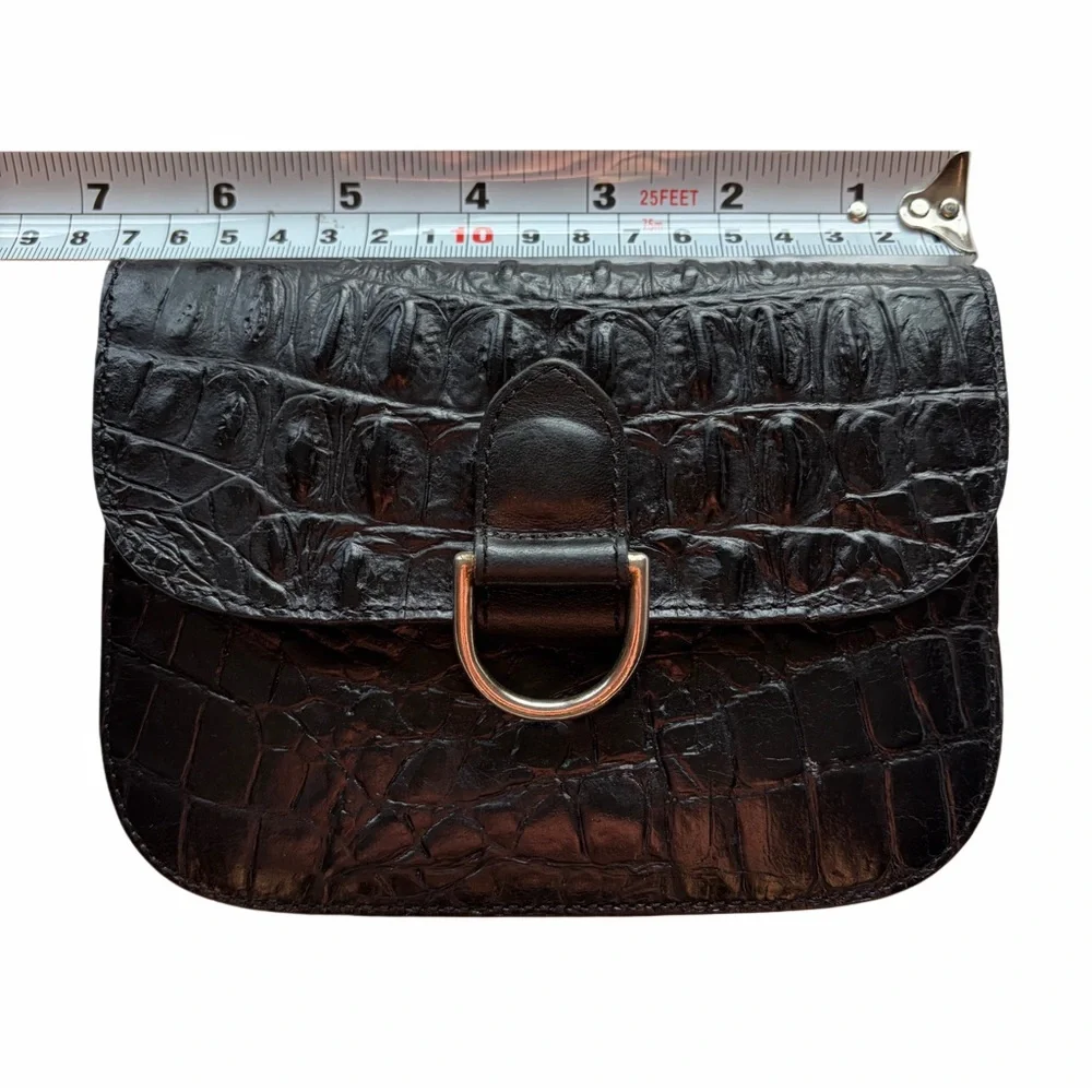 Joan & David Black Croc-Embossed Leather Belt Bag with‎ Silver D-Ring